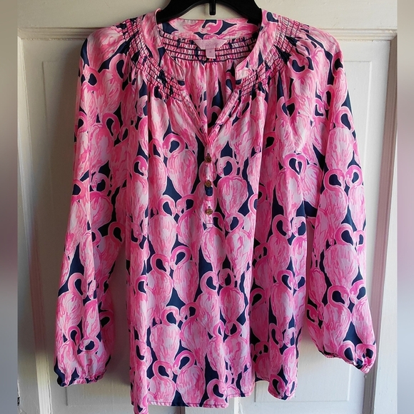 Lilly Pulitzer 100% Silk Pink Print Long Sleeve Blouse - Picture 1 of 12